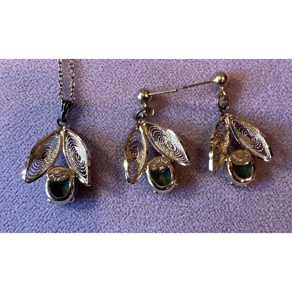 VTG W Signed 1/20 12k Filigree On Sterling Jade Post Earrings & Necklace Set - Picture 5 of 10